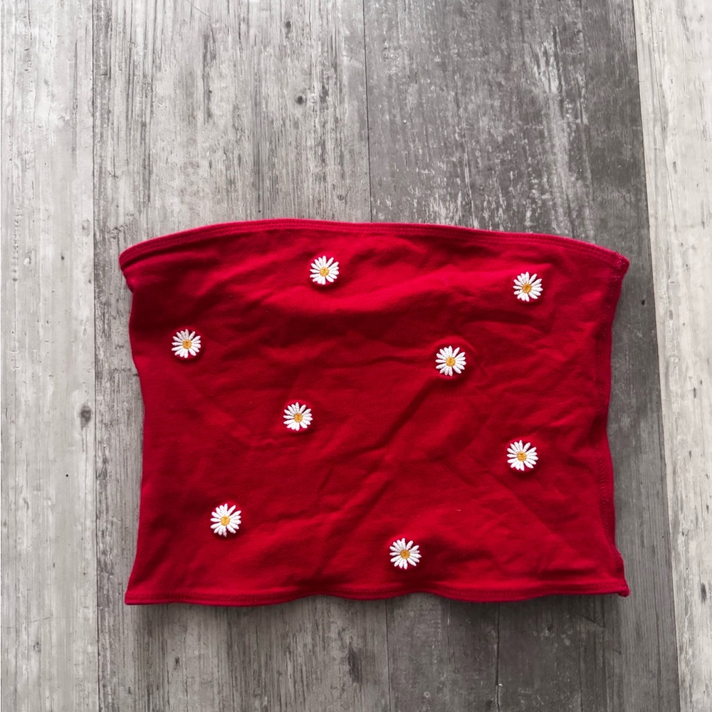 Red Tube Top with Daisy Embroidery